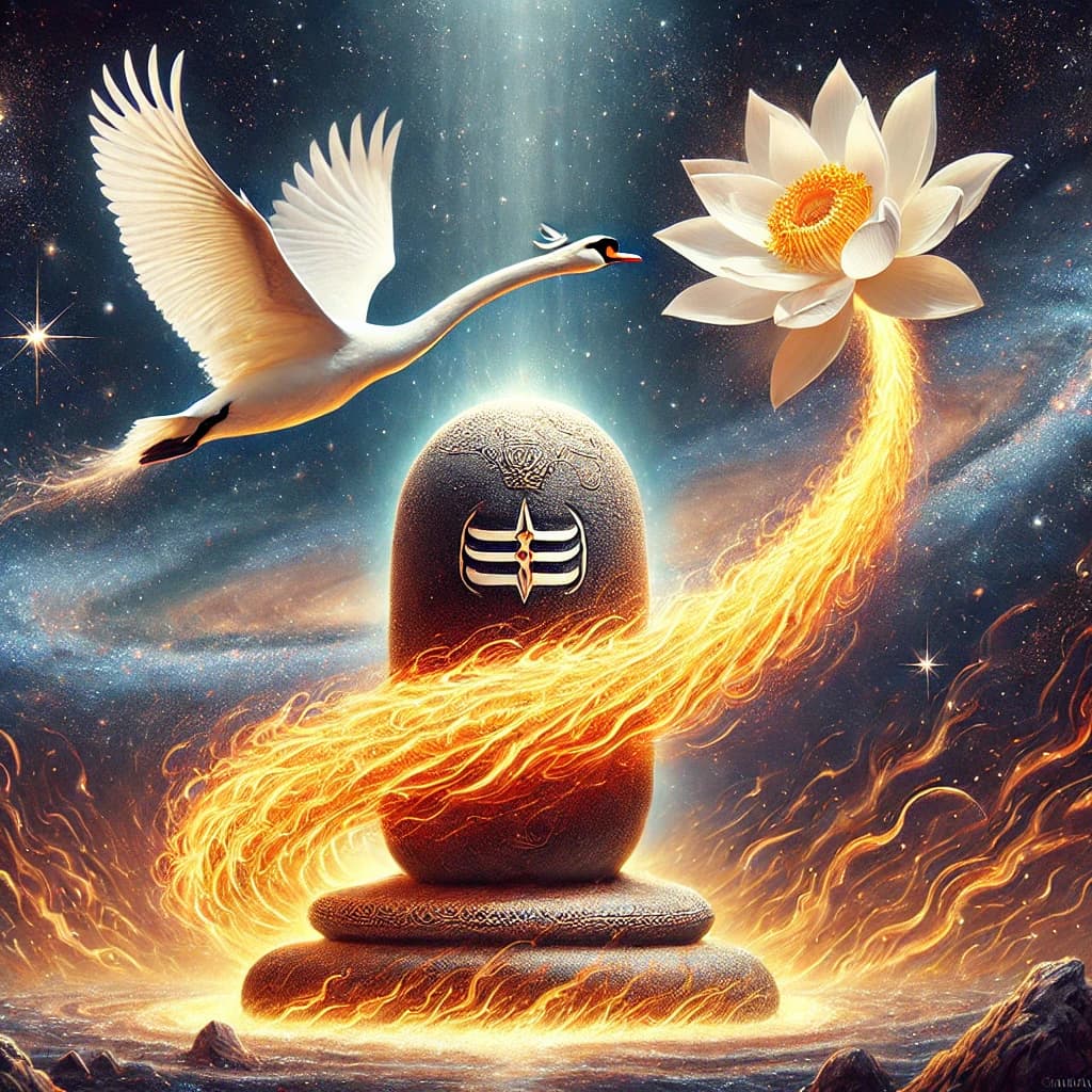 Lord Brahma in the form of a majestic white swan soaring upward along a colossal fiery Shiva Lingam that extends infinitely Lord Brahma in the form of a majestic white swan soaring upward along a colossal fiery Shiva Lingam that extends infinitely